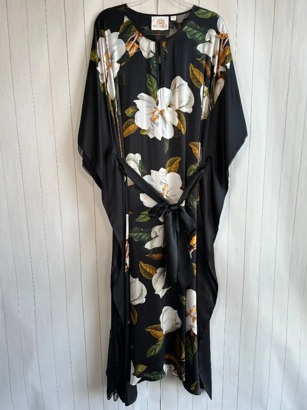 Nicoblu plus size 1X 2X 3X 4X Camellia belted kaftan maxi dress black 100% silk - Picture 6 of 14